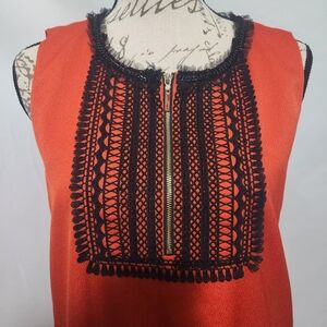 Elise Orange W Black Lace Sleeveless Shift Dress Gold Zipper Accent. Size Large